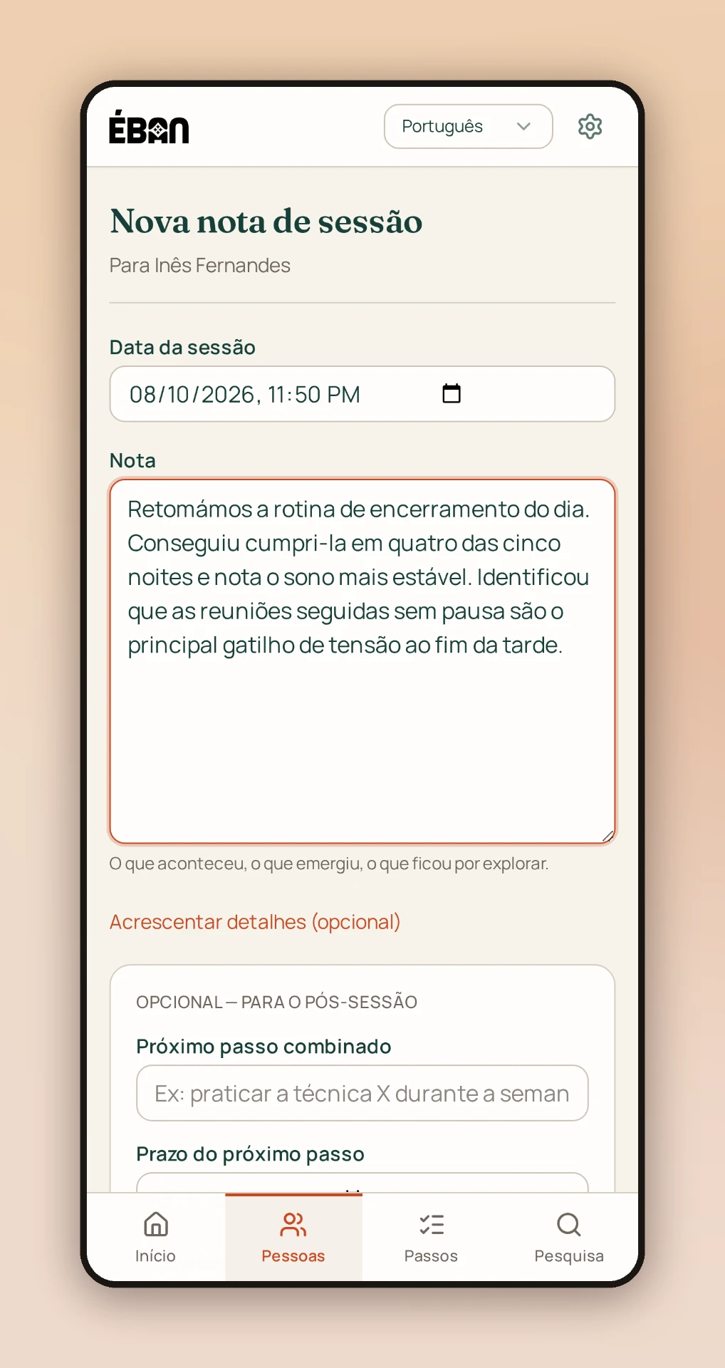 Nova nota de sessão — ecrã do MVP com conteúdo fictício
