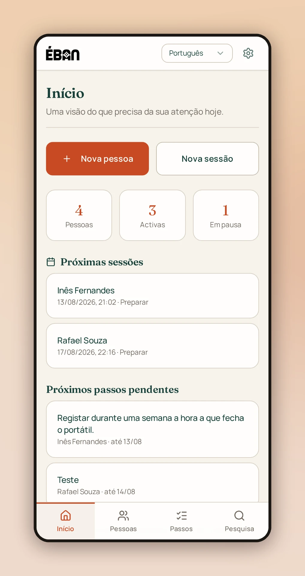 Visão geral do acompanhamento — ecrã do MVP com conteúdo fictício
