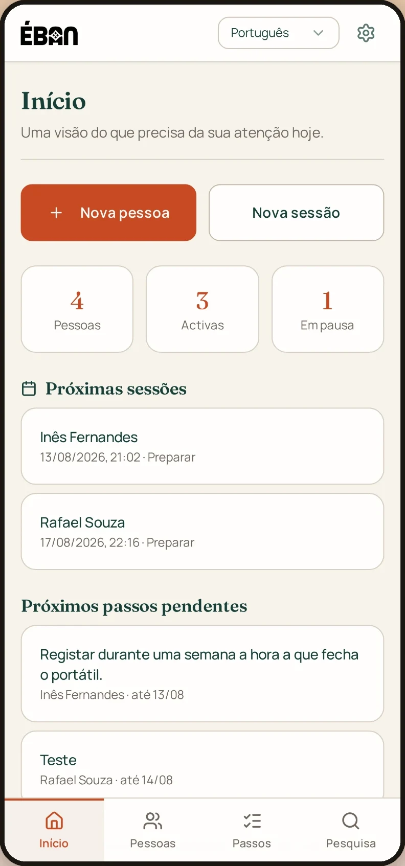 Visão geral do acompanhamento — ecrã do MVP com conteúdo fictício
