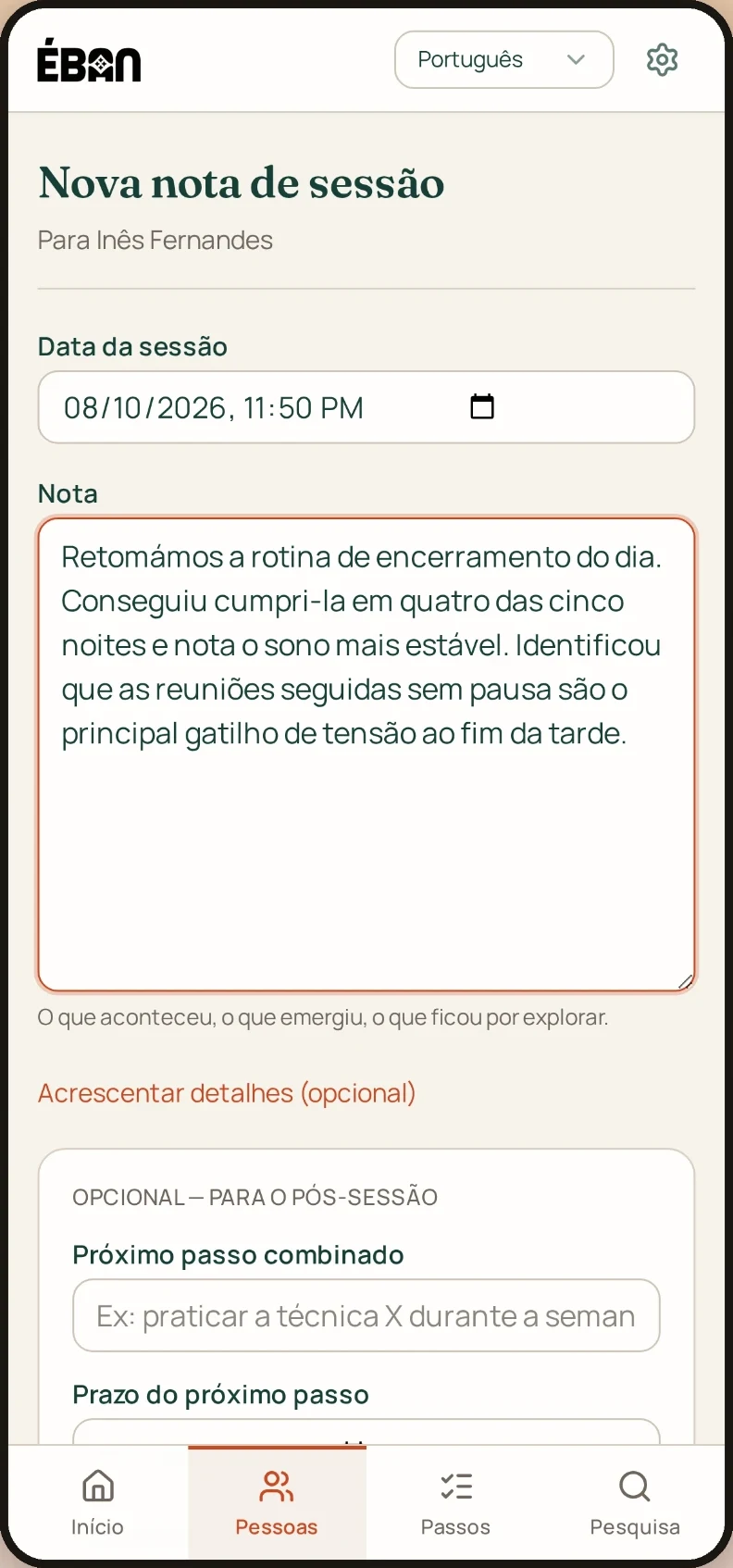 Nova nota de sessão — ecrã do MVP com conteúdo fictício